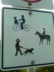 Sign on the Great Southern Rail Trail at Meeniyan showing a silouhette image of a person on a bike with a dog in the baskegt.