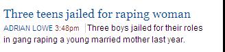 Screenshot of link on the AGE Web page - Three boys jailed for their roles in raping a young married mother...
