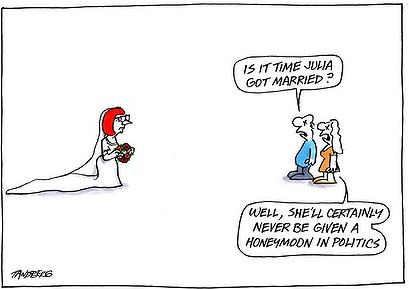 Tandberg cartoon. Julia Gillard looking diffident in a wedding gown while a M-F couple look on. Man: 